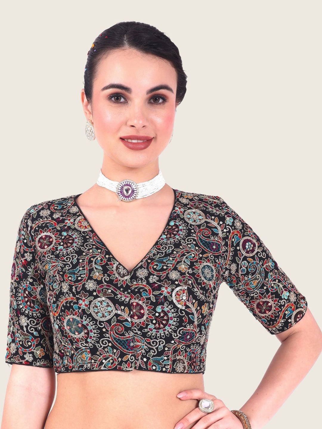 

Studio Shringaar Printed Embellished Front Open Padded Saree Blouse, Black