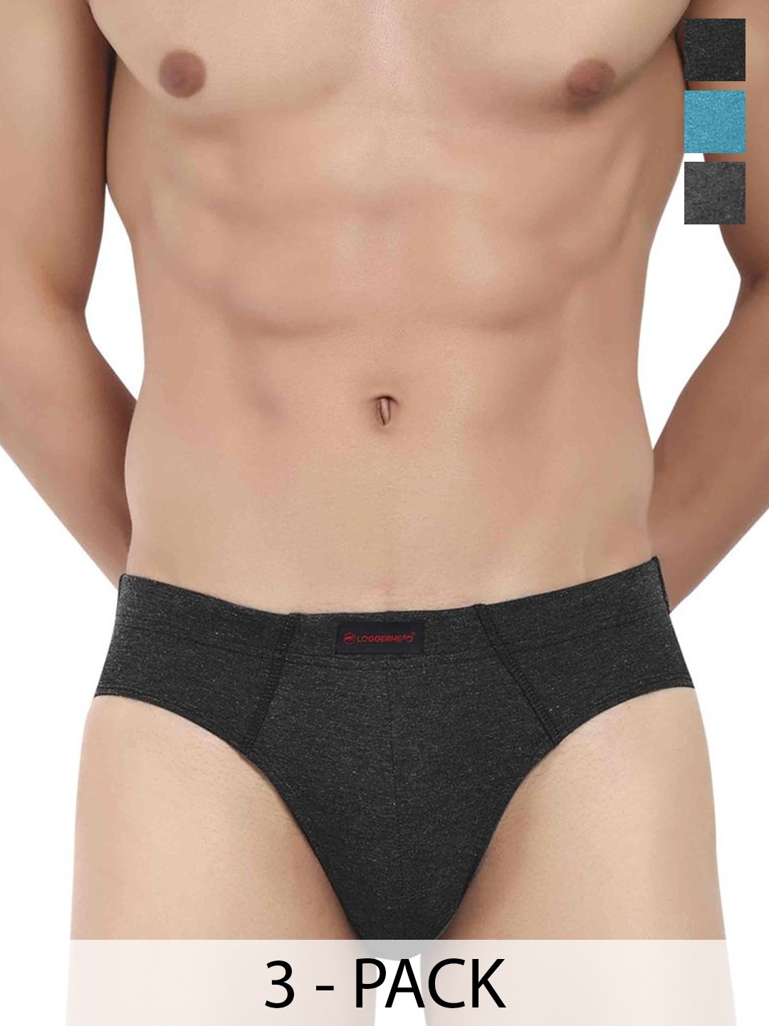 

LOGGERHEAD Pack Of 3 Cotton Mid-Rise Basic Briefs LHCB001-ANTHRA-AQUA-BLACK