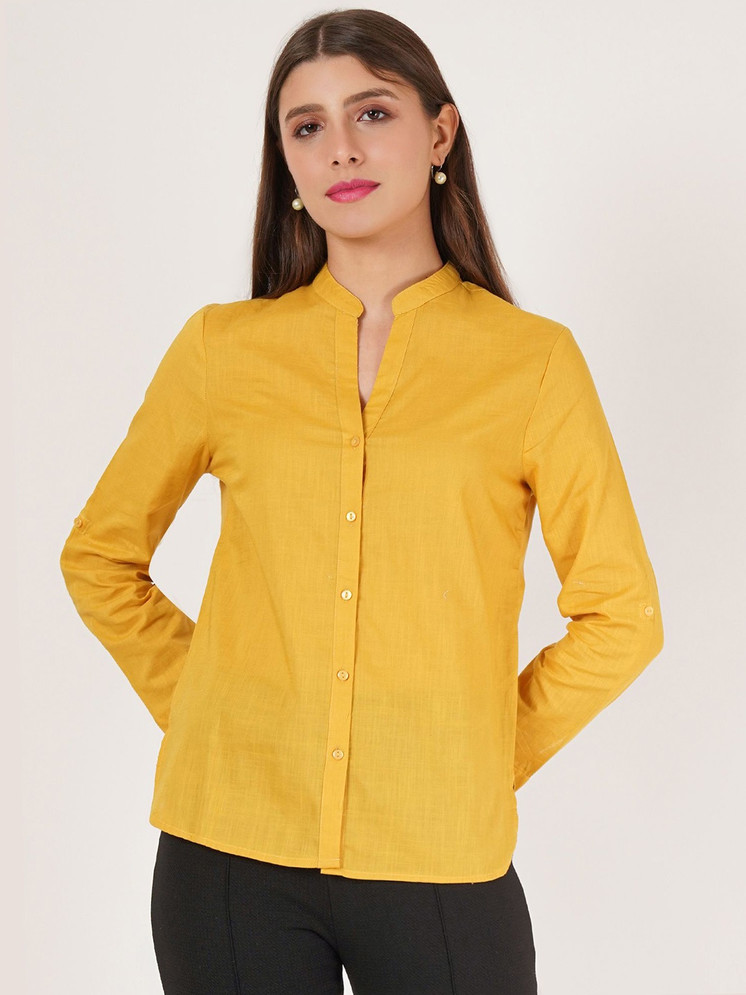 

IX IMPRESSION Mandarin Collar Cotton Shirt Style Longline Top, Yellow