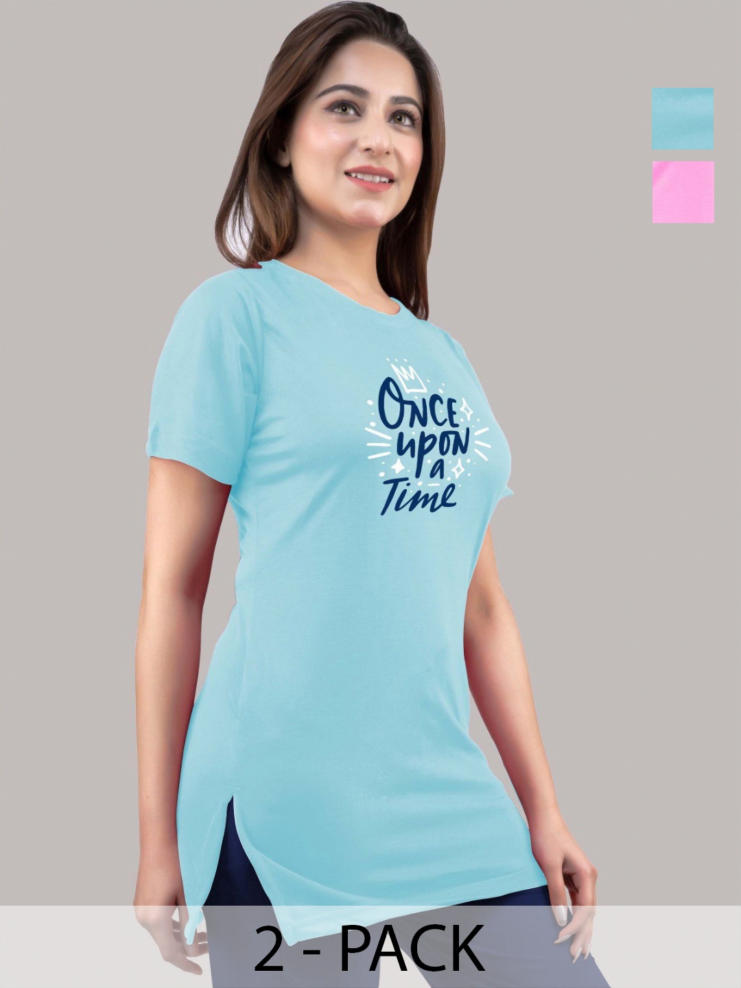

URBE-URBAN EVOLUTION Women Pack Of 2 Typography Printed Round Neck Cotton T-shirts, Pink