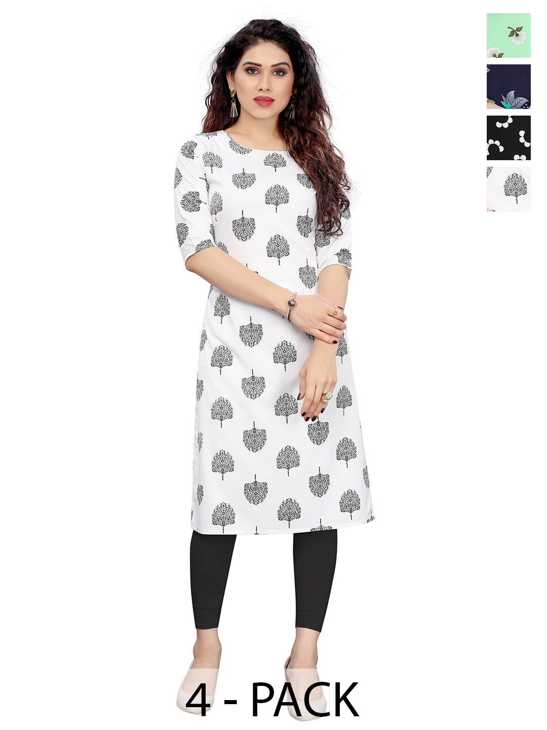 

KETAKI FASHION Selection Of 4 Floral Printed Round Neck Straight Kurtas, White