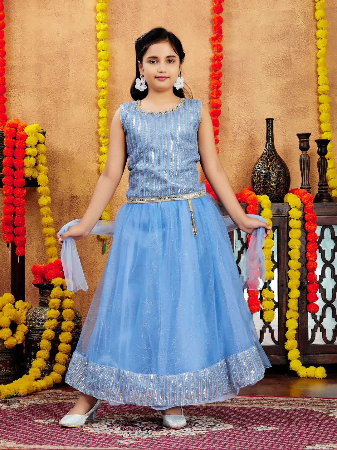 

Aarika Girls Embellished Sequinned Net Ready to Wear Lehenga & Blouse With Dupatta, Blue