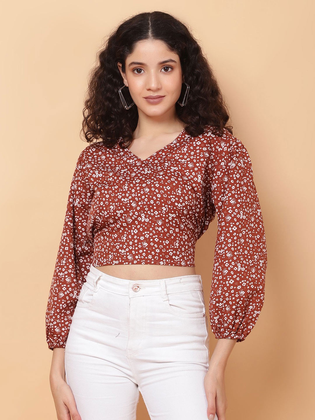 

ROSEMELON Women Floral Printed V-Neck Top, Brown