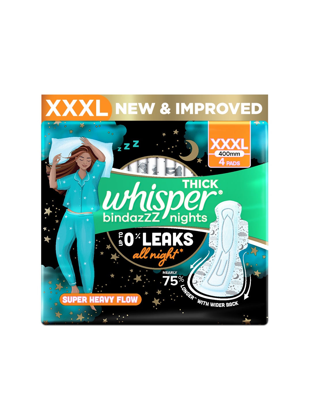 

Whisper Bindazzz Nights XXXL Sanitary Pads with Upto 0% Leaks All Night Long - 4 Pads, Black