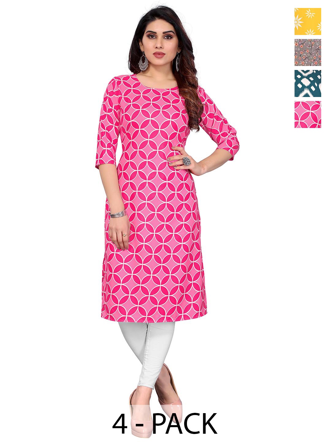 

KETAKI FASHION Selection Of 4 Geometric Printed Round Neck Straight Kurtas, Pink