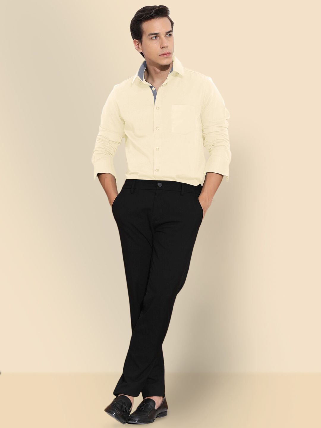

Moda Rapido Men Standard Fit Spread Collar Solid Cotton Formal Shirt, Cream