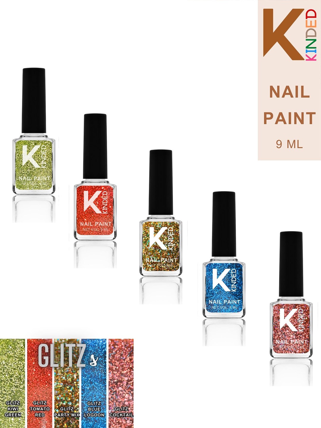 

KINDED Set Of 5 Glitter Long Stay Topper Nail Polish - 9 ml Each - Glitz Shades 46 to 50, Green