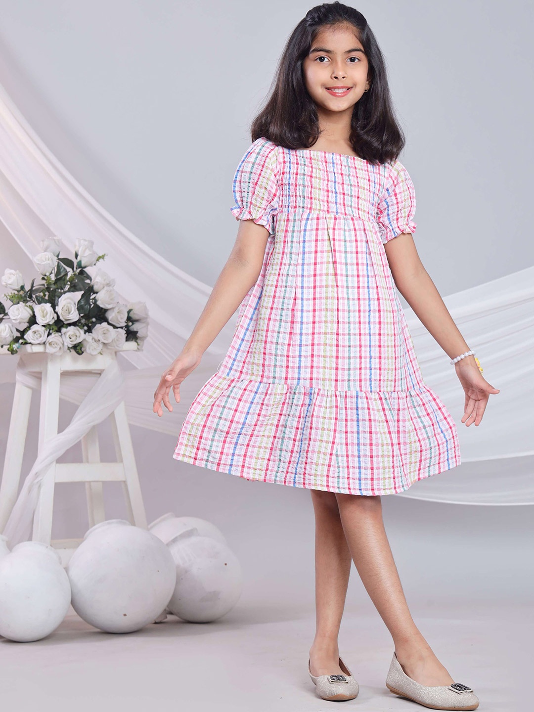 

BAESD Girls Checked Pure Cotton Fit & Flare Knee Length Dress, Pink