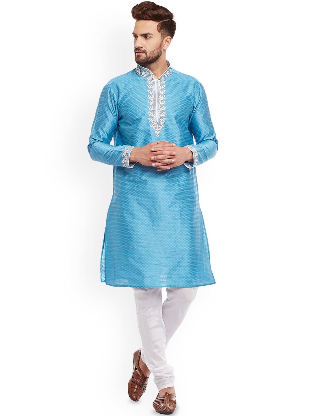 

Larwa Embroidered Woven Design Mandarin Collar Kurta With Pyjamas, Blue