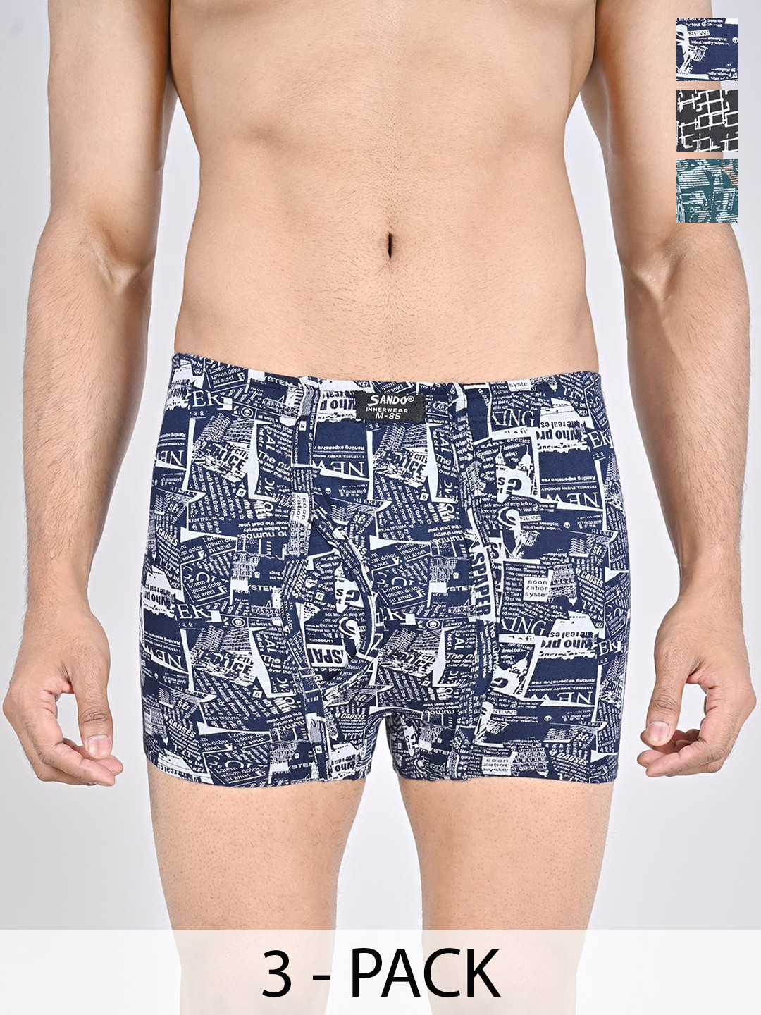 

SANDO Pack Of 3 Printed Pure Cotton Trunks GENIUS-02-05-10, Black