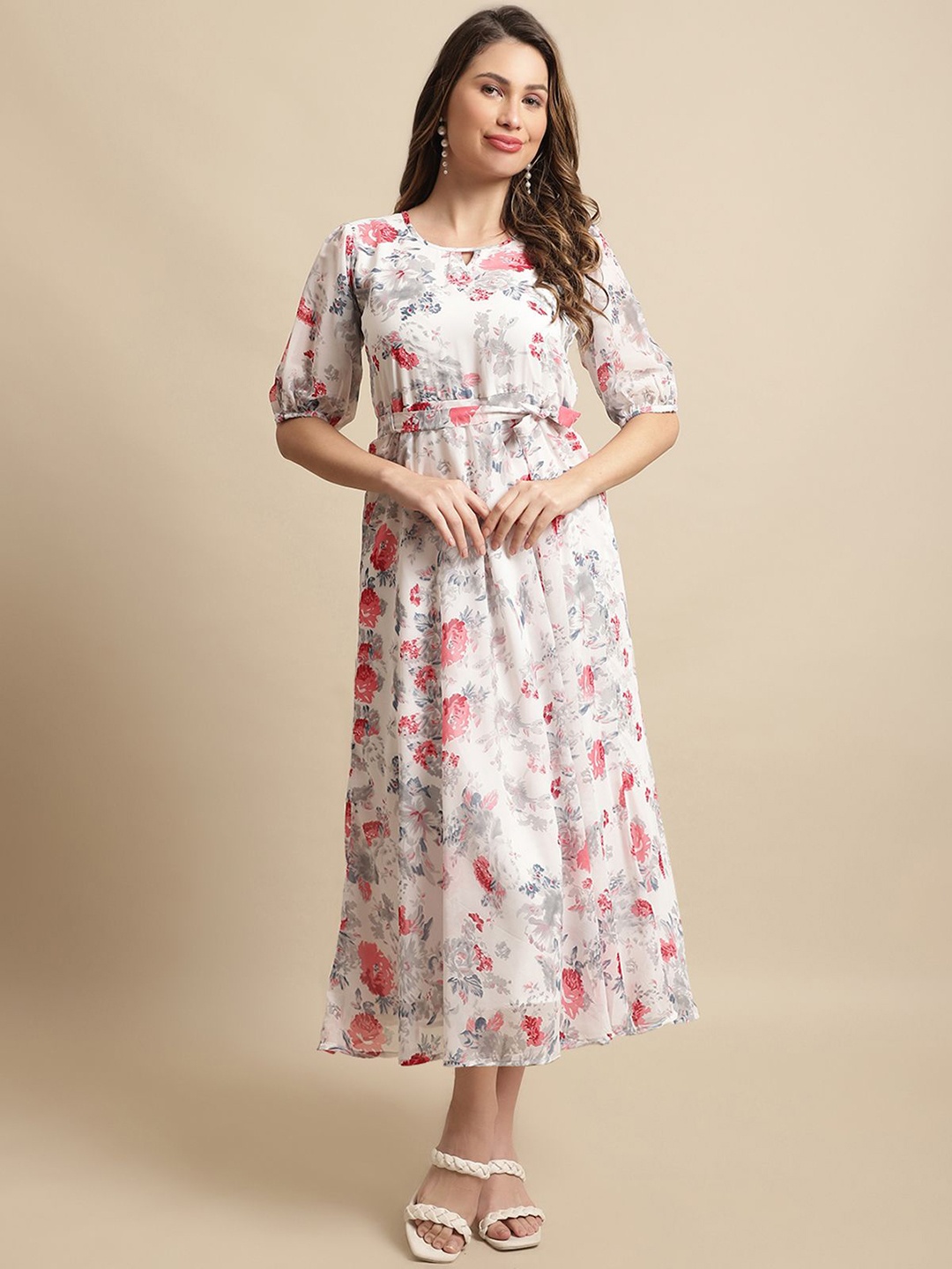 

Metronaut Women Floral Printed Puff Sleeve Fit & Flare Midi Dress, White