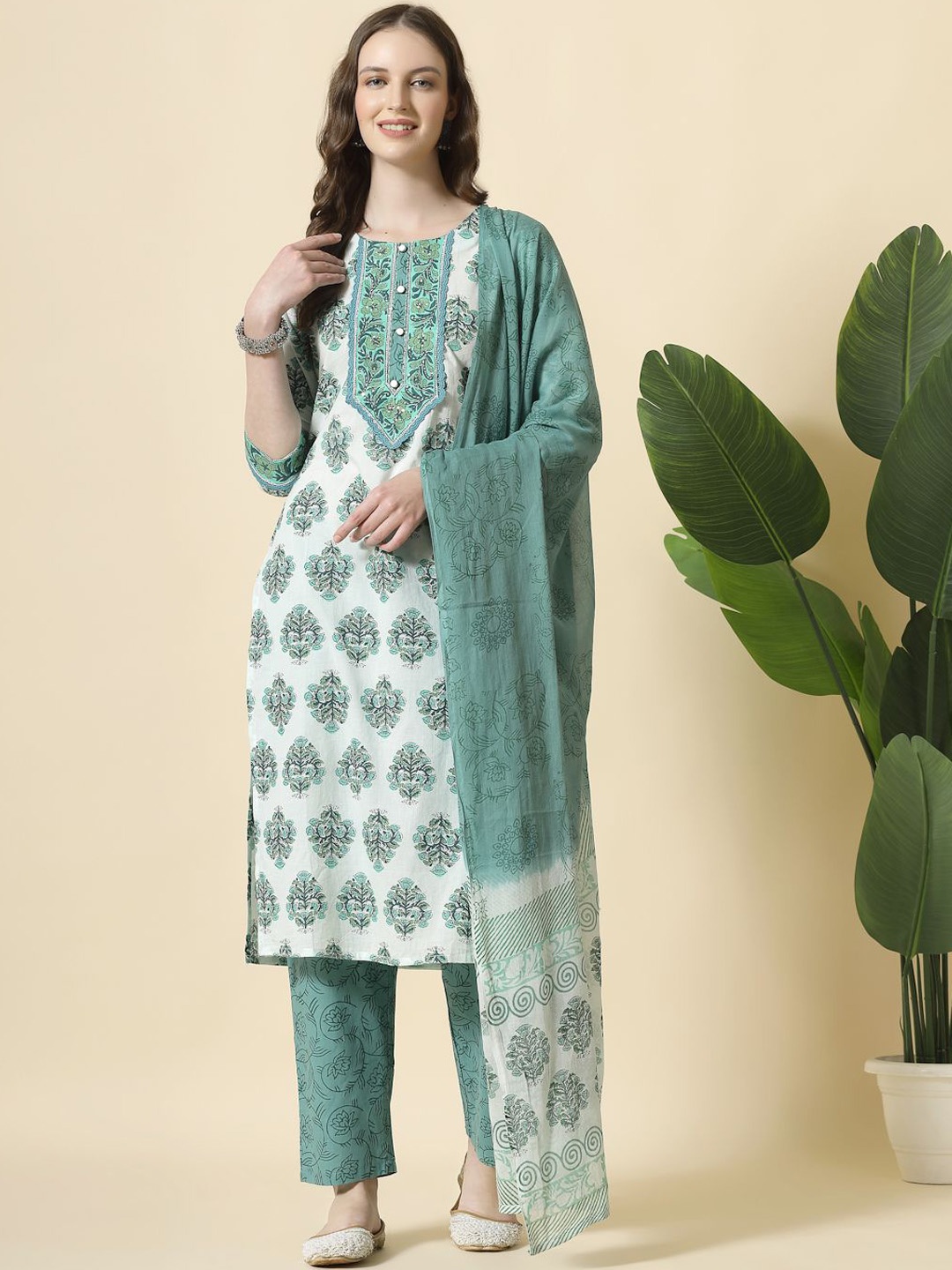 

Yufta Floral Printed Sequinned Pure Cotton Kurta With Trousers & Dupatta, Sea green