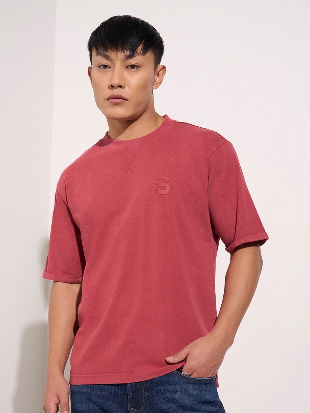 

SF JEANS by Pantaloons Men Solid Round Neck Cotton Relaxed Fit T-shirt, Pink