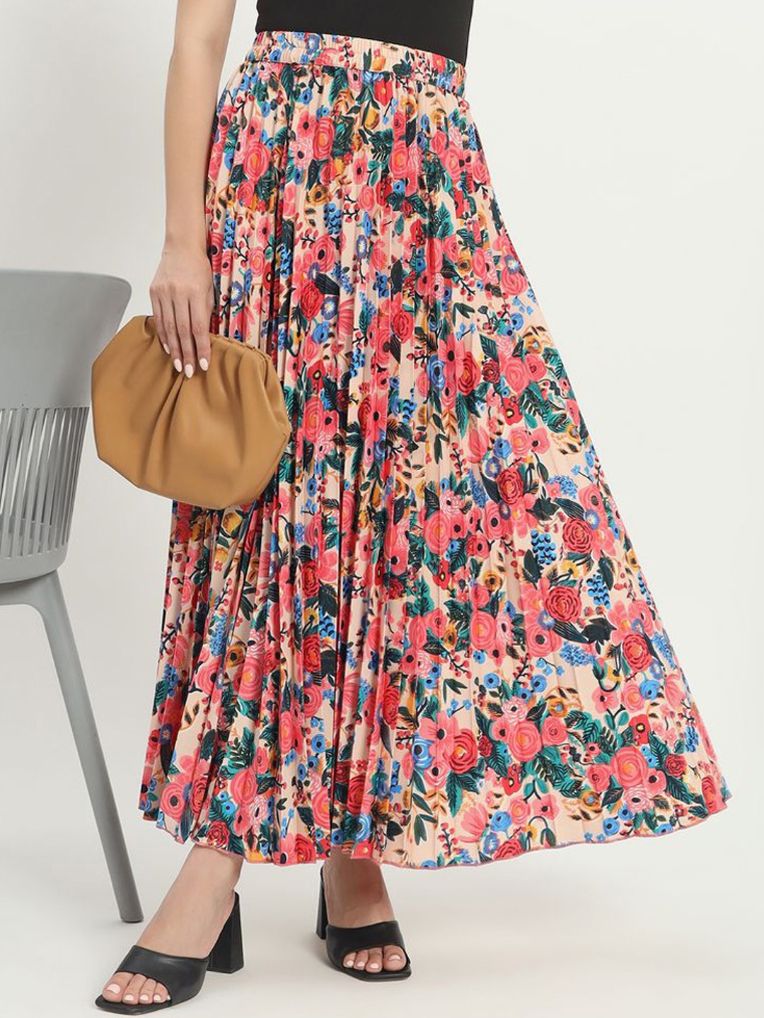 

ZWERLON Women Floral Printed Pleated Maxi A-Line Skirt, Multi