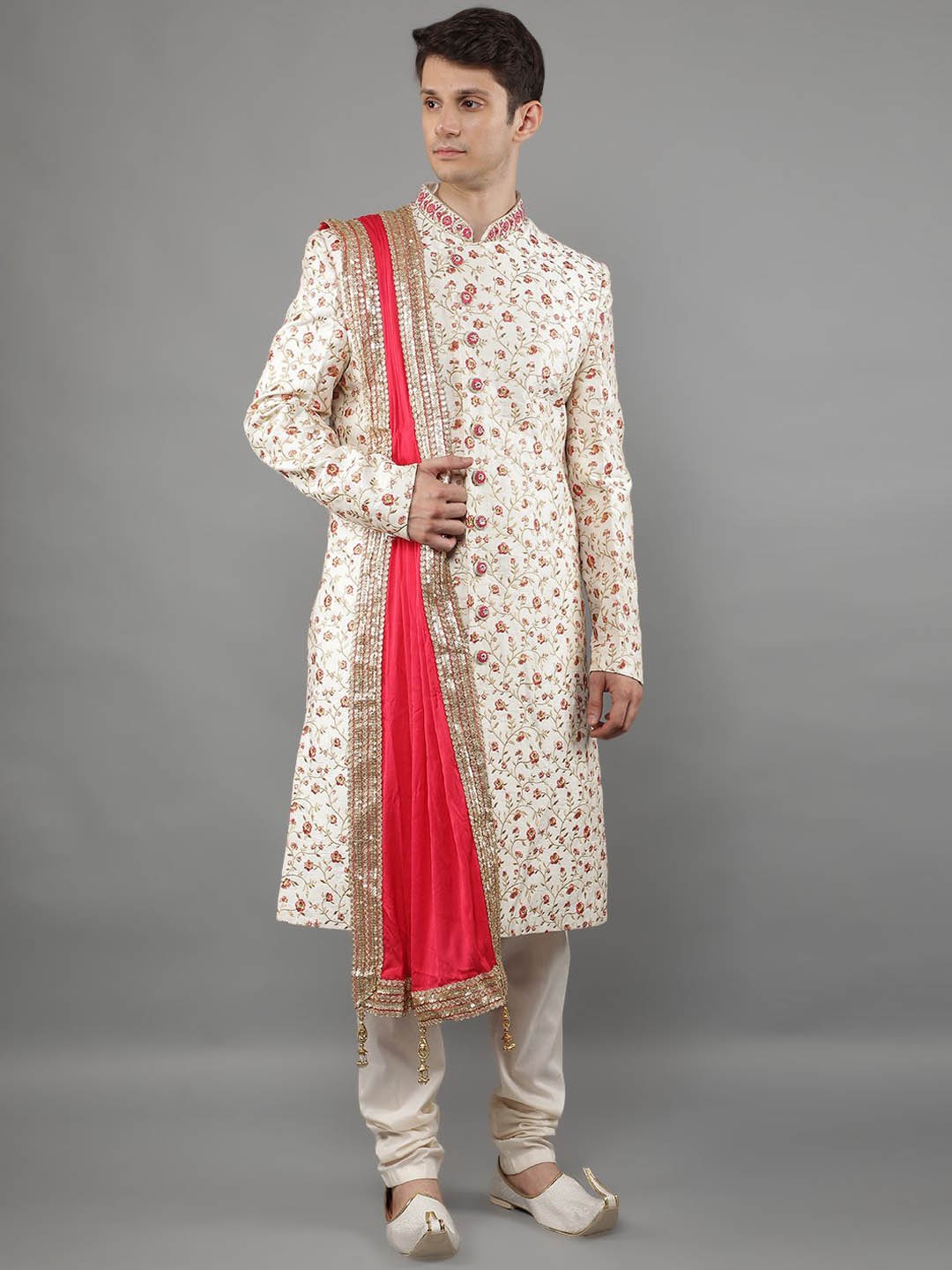 

Manish Creations Mandarin Collar Floral Embroidered Sherwani Set With Dupatta, Cream