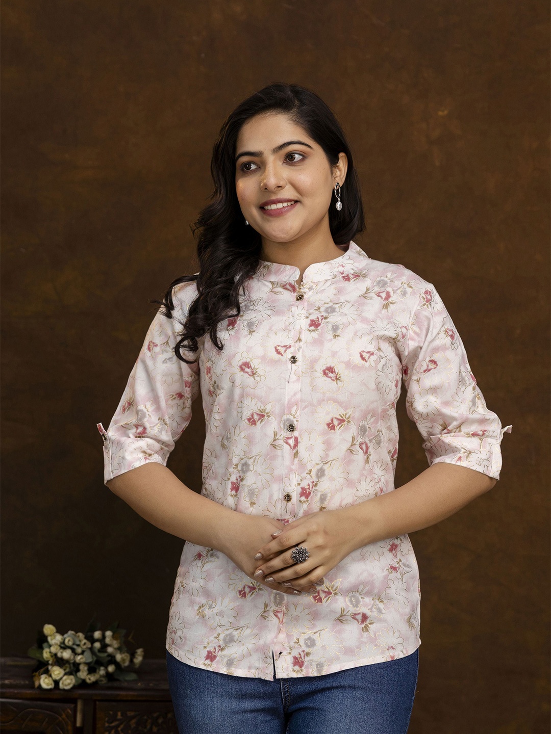 

Radhika Fashion Women Comfort Fit Mandarin Collar Floral Printed Casual Shirt, Pink