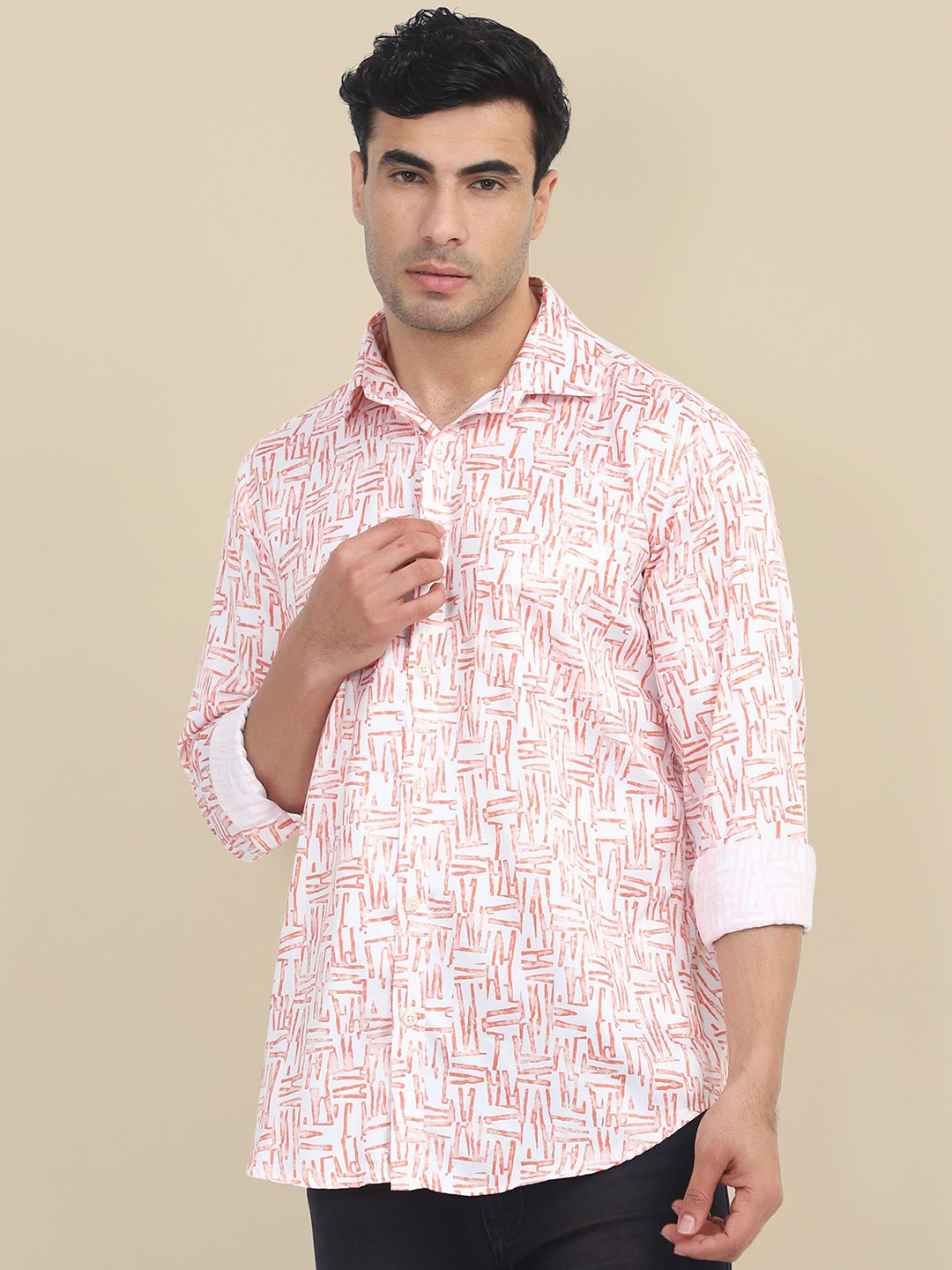 

AMSWAN Men Spread Collar Abstract Printed Satin Casual Shirt, White