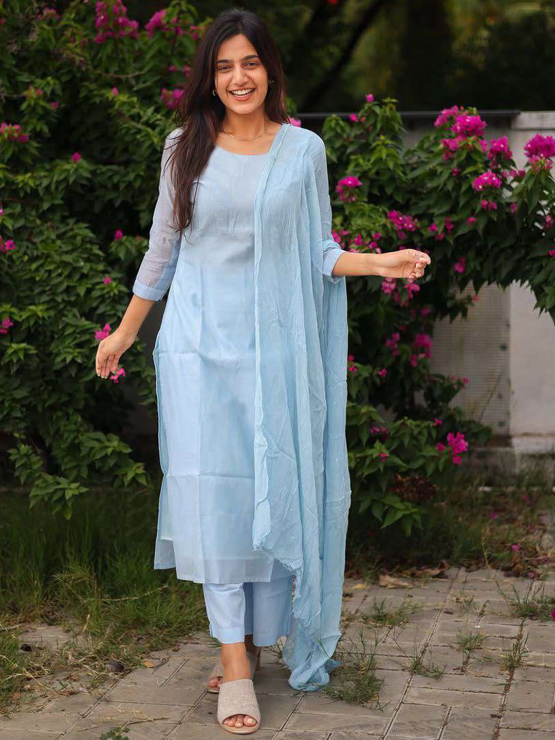 

Anni Designer Round Neck Straight Kurta with Trousers And Dupatta, Blue