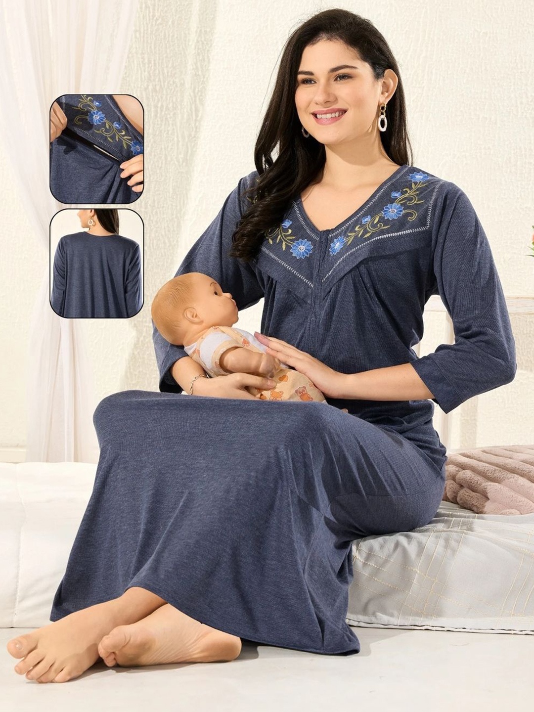 

UDHATIKRAMAN Embroidered Maxi Nightdress, Navy blue