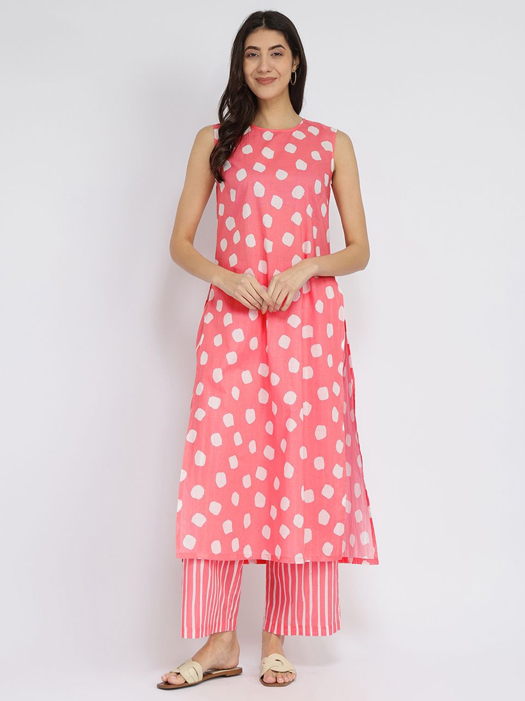 

Pink Fort Women Geometric Printed Regular Pure Cotton Kurta with Trouser, Peach