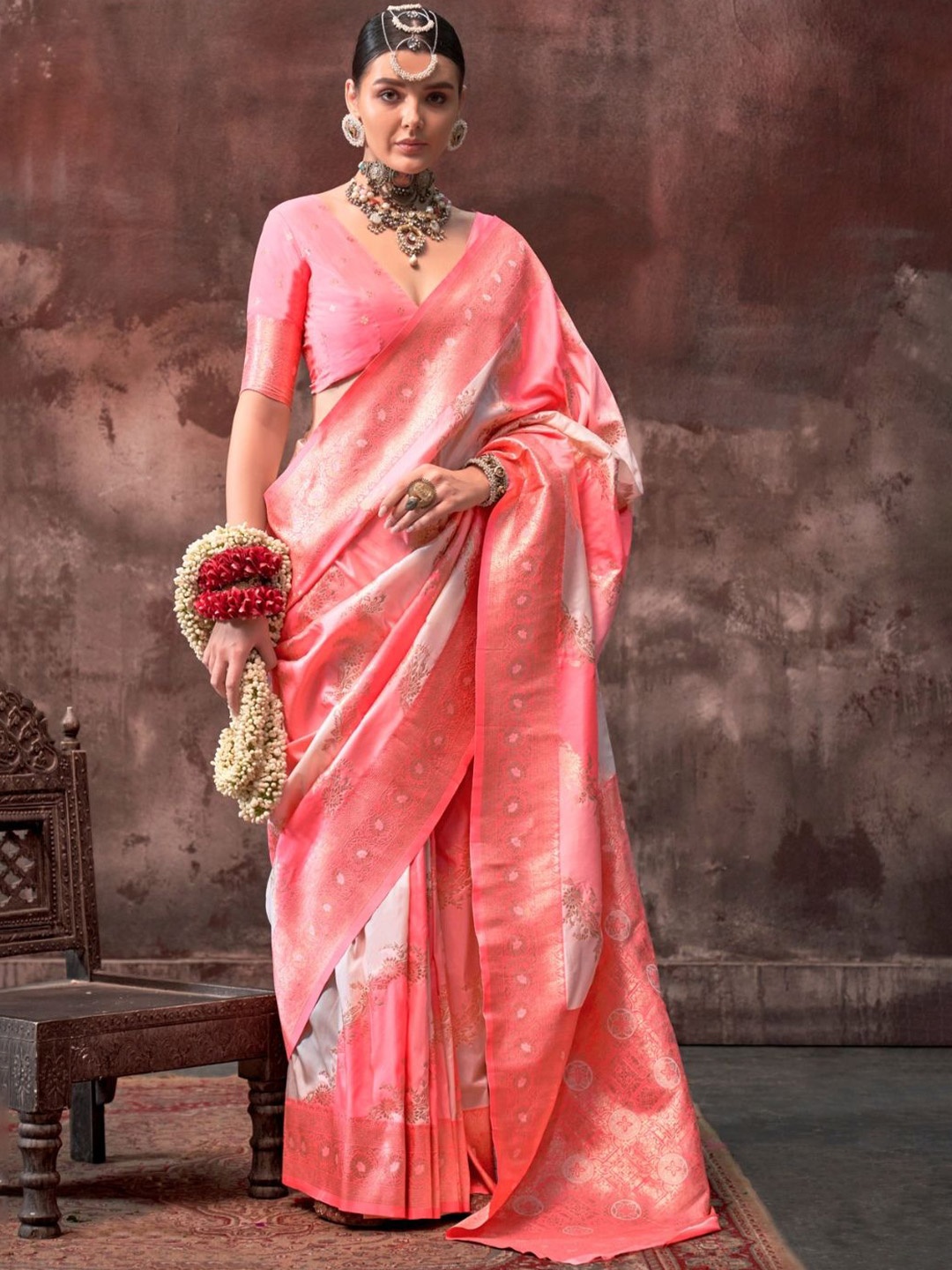 

PEENGAX Woven Design Zari Silk Blend Banarasi Saree, Pink