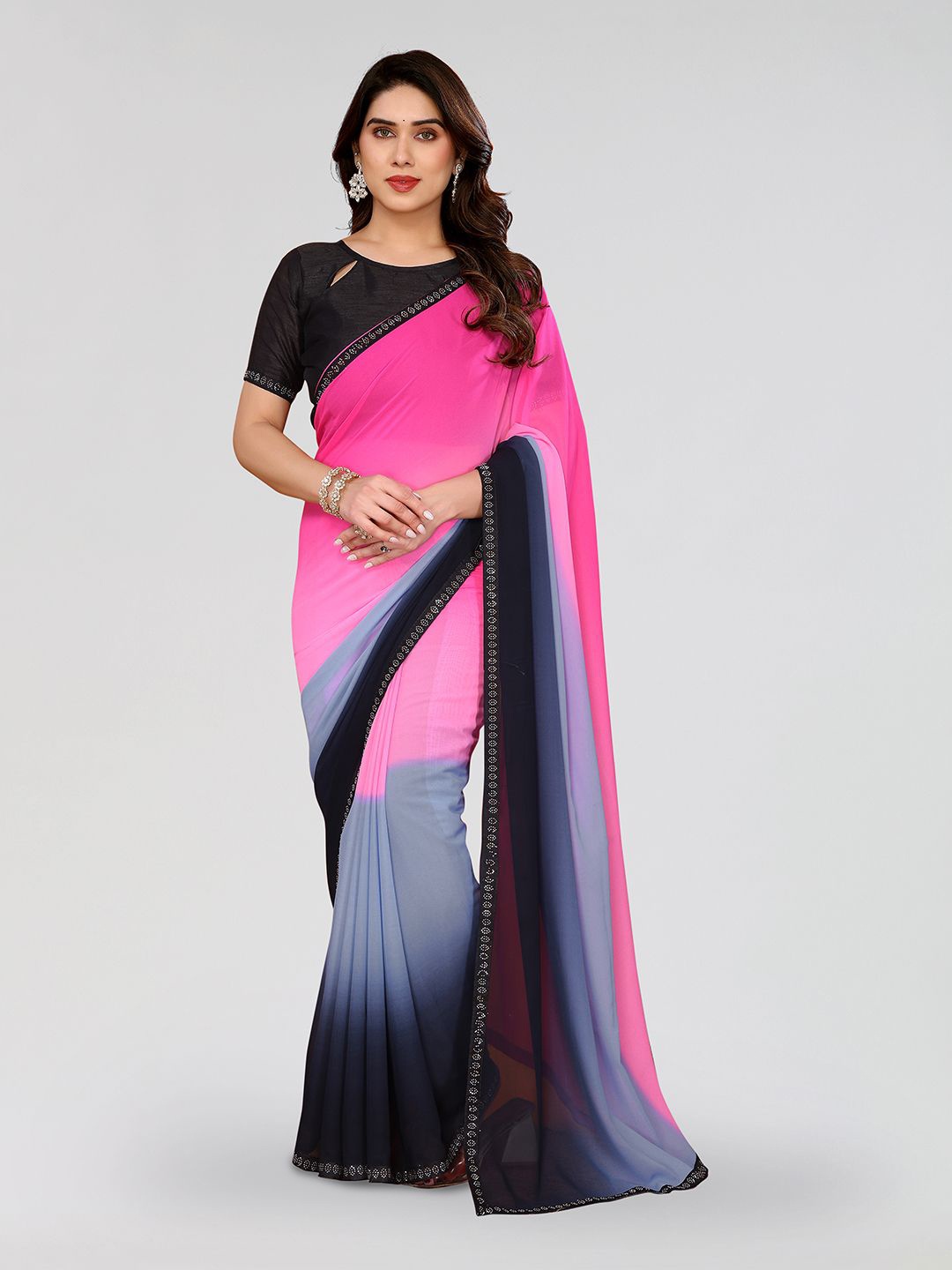 

Moda Rapido Women Ombre Beads and Stones Saree, Pink