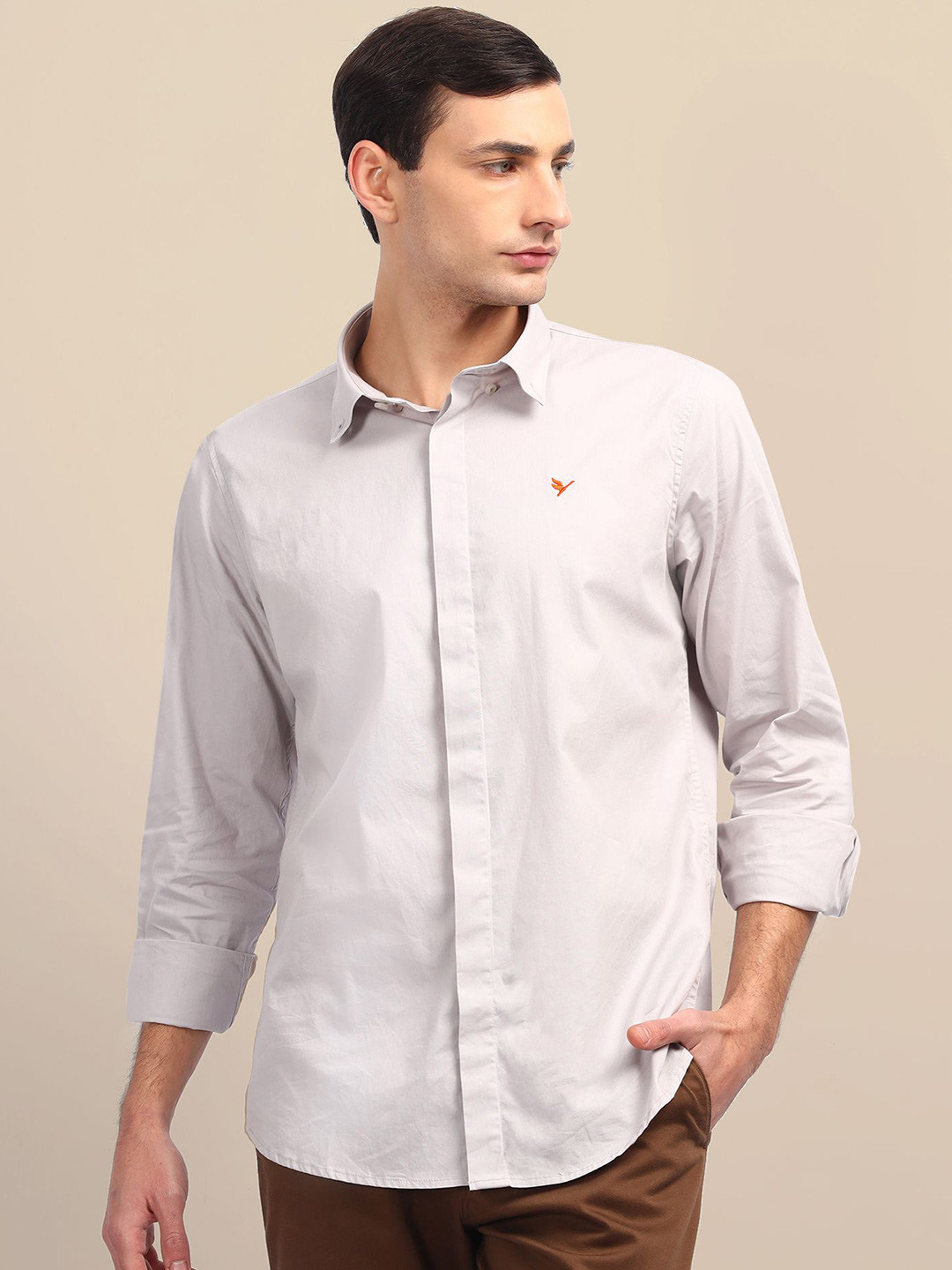 

AMSWAN Men Spread Collar Solid Cotton Casual Shirt, Grey