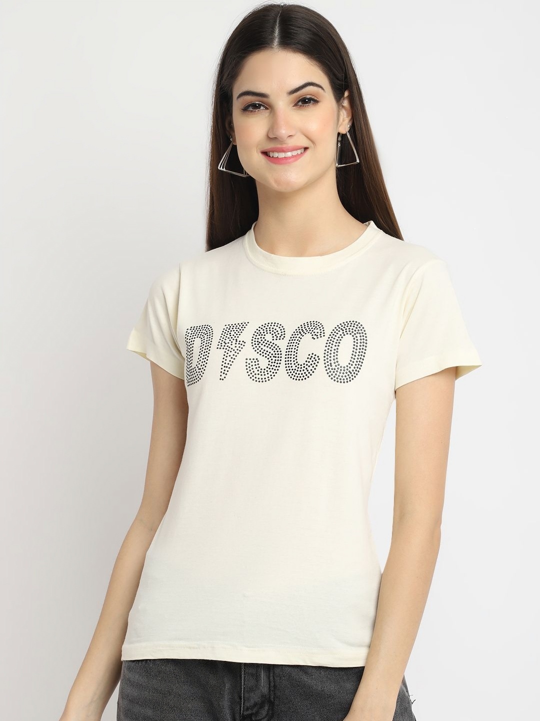 

CORSICA Women Typography Printed Round Neck Cotton T-shirt, Cream