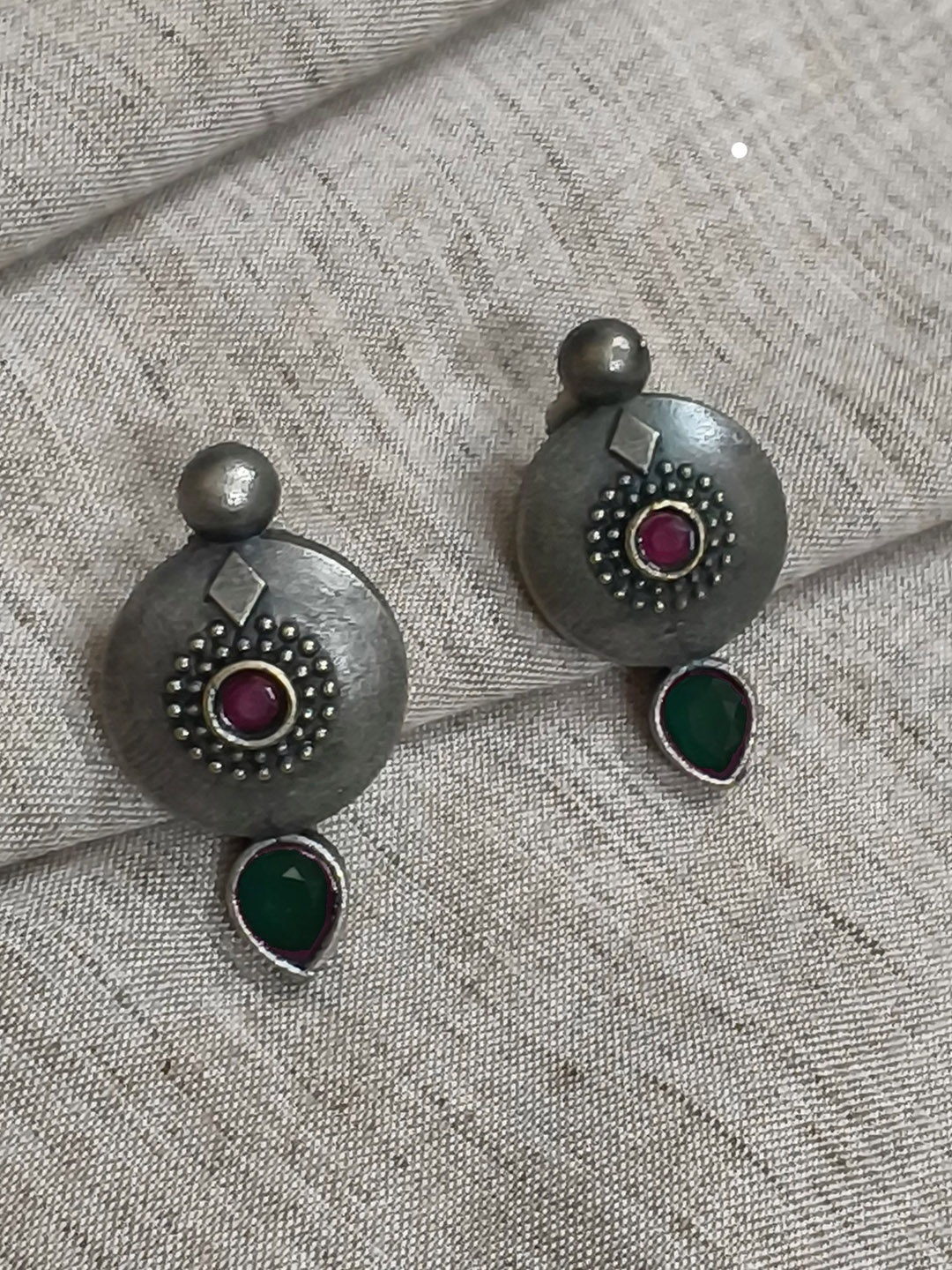 

Molcha Artificial Stones Studded Circular Shaped Oxidised Drop Earrings, Silver