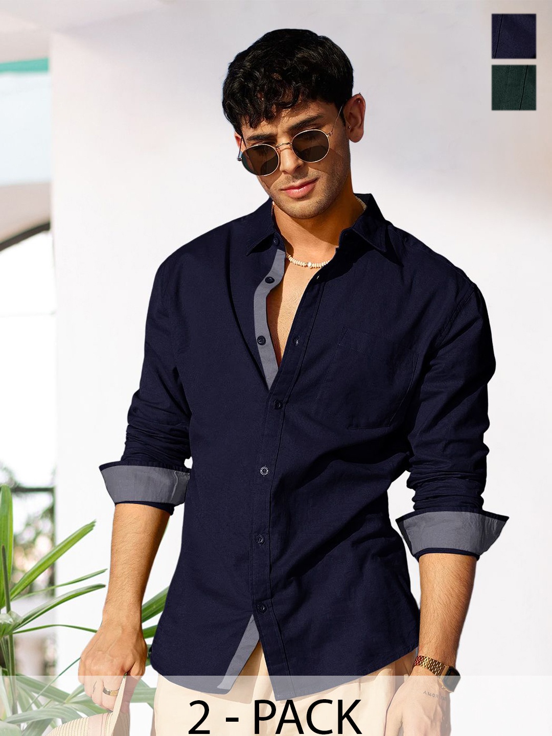 

Moda Rapido Men Pack Of 2 Standard Slim Fit Spread Collar Solid Cotton Casual Shirts, Navy blue