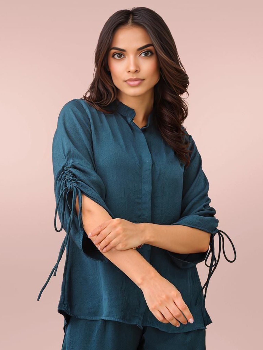 

DressBerry Mandarin Collar Satin Top, Green