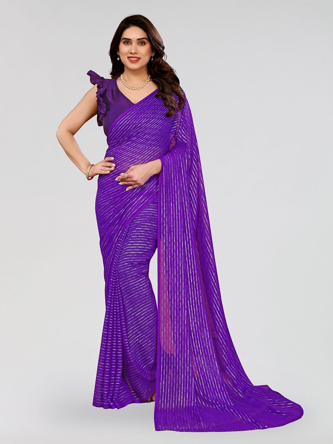 

Moda Rapido Striped Poly Georgette Saree, Purple