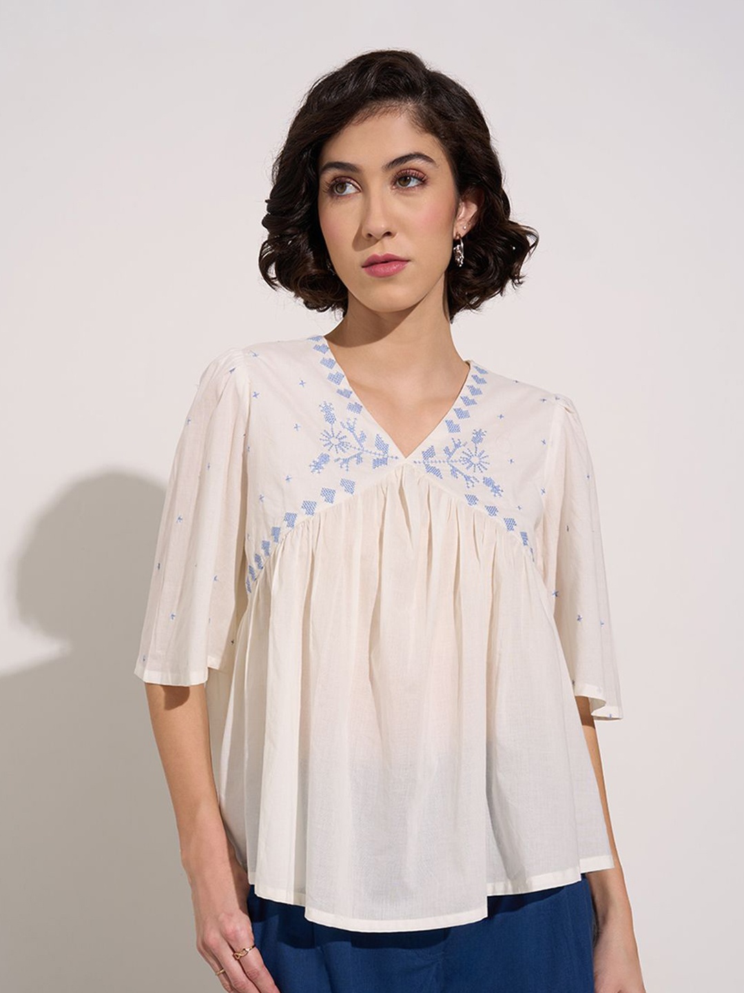 

AKKRITI BY PANTALOONS Flared Sleeve Cotton Top, Off white
