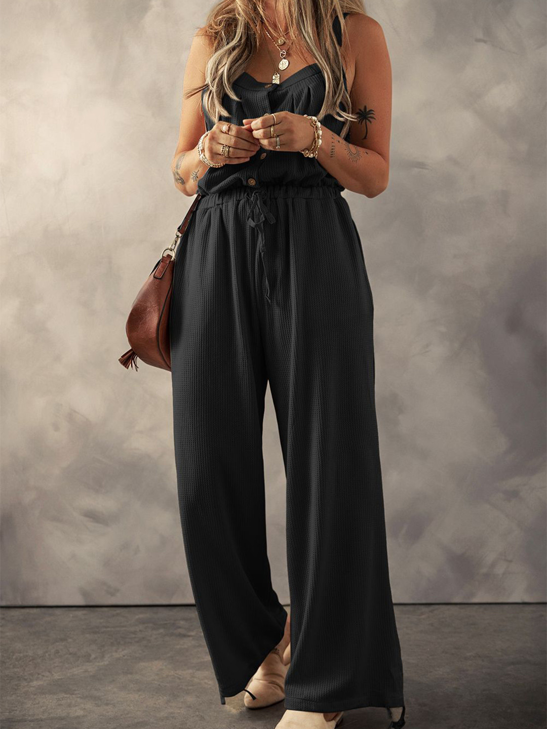 

Errabelly Women Black Knotted Straps Button Textured Drawstring Jumpsuit