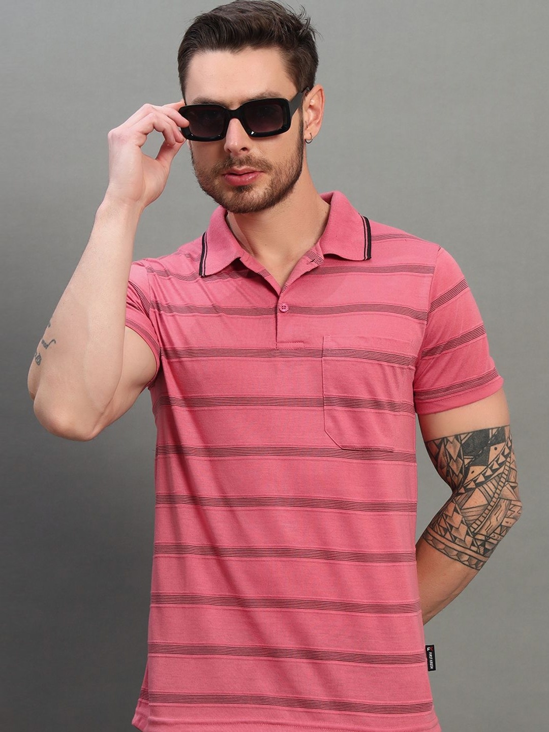 

RENUOVO Men Striped Polo Collar Cotton Slim Fit T-shirt, Pink