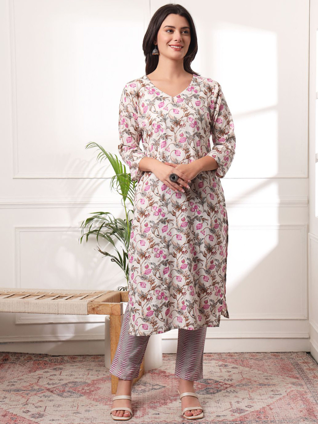 

KALINI Floral Printed Pure Cotton Sweetheart Neck Straight Kurta With Trousers And Dupatta, White