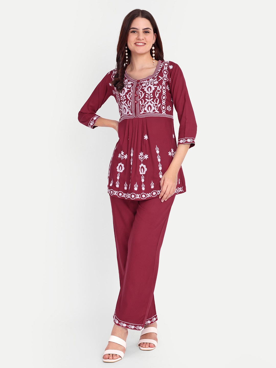 

FNOCKS Embroidered Round Neck Pure Cotton Peplum Tunic With Trousers, Maroon