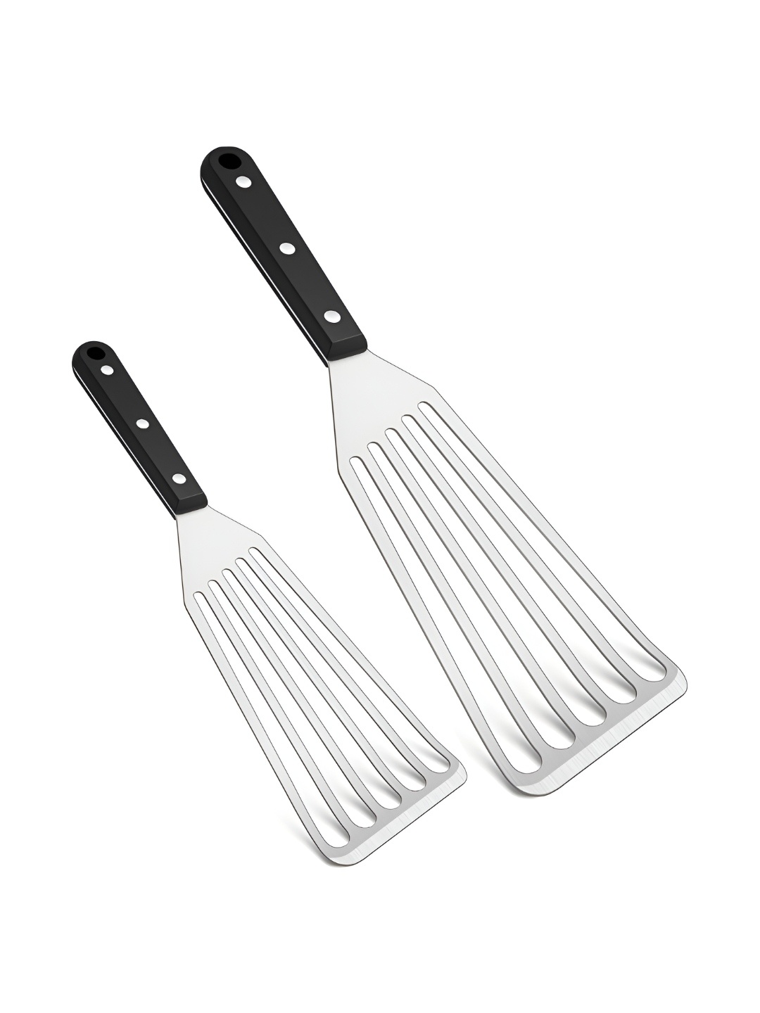 

Baskety Black & Silver-Toned 2 Pieces Stainless Steel Fish Fry Big & Small Slotted Spatula