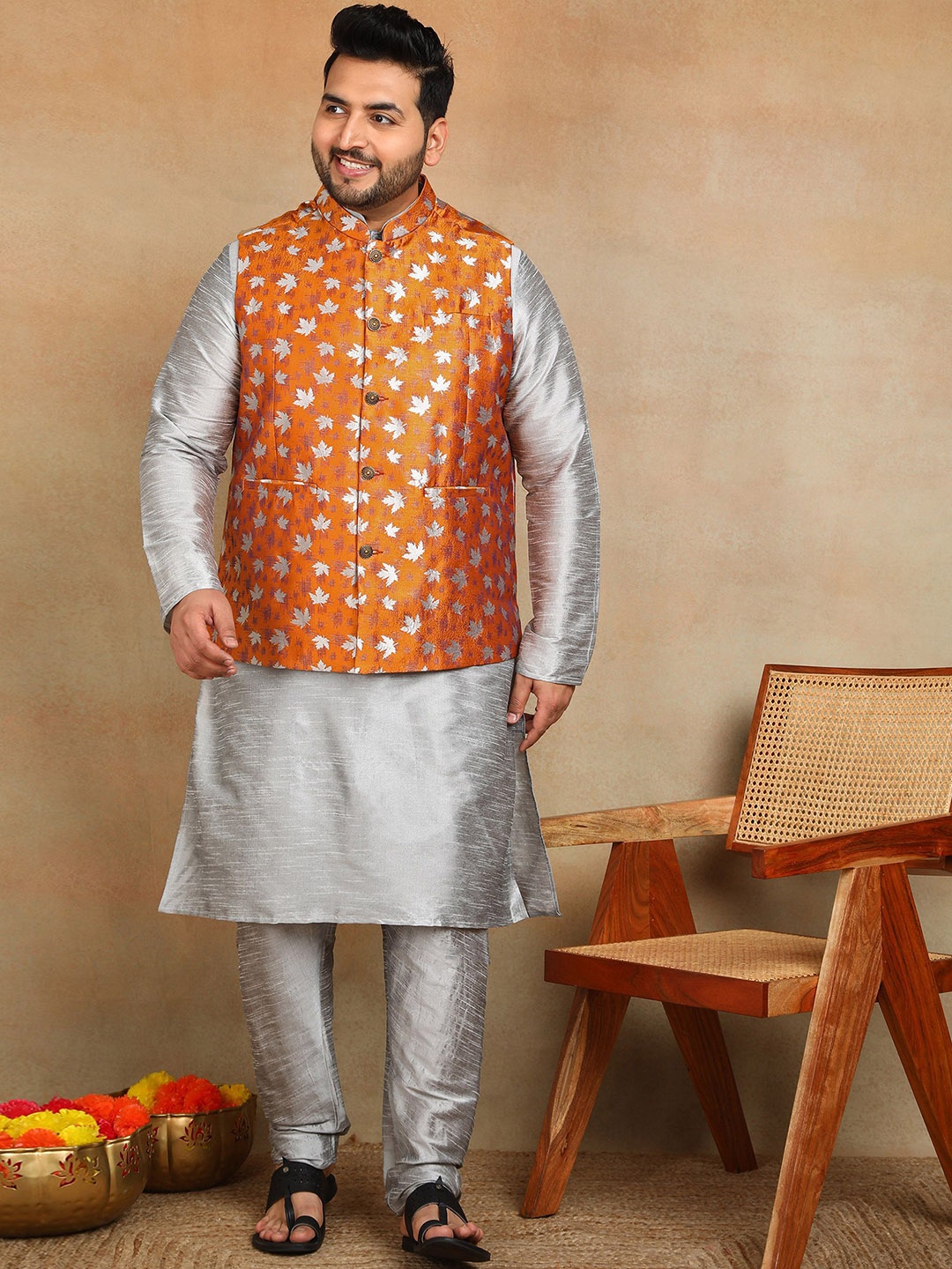 

Sztori Woven Design Nehru Jacket, Orange