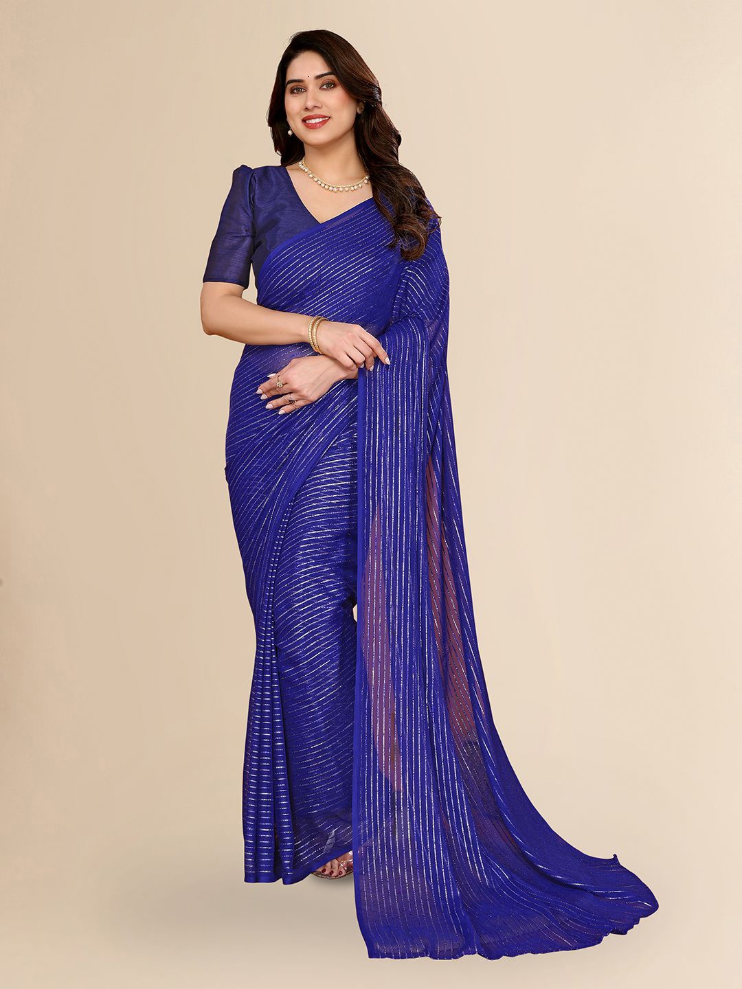 

Moda Rapido Striped Zari Saree, Blue