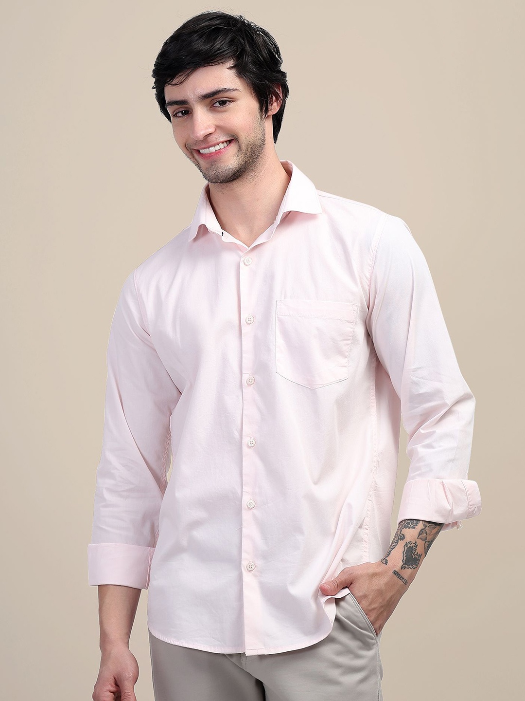 

AMSWAN Men Spread Collar Solid Cotton Casual Shirt, Pink