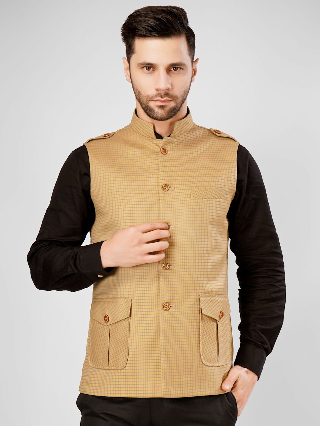 

Wintage Checked Pure Cotton Nehru Jacket, Gold