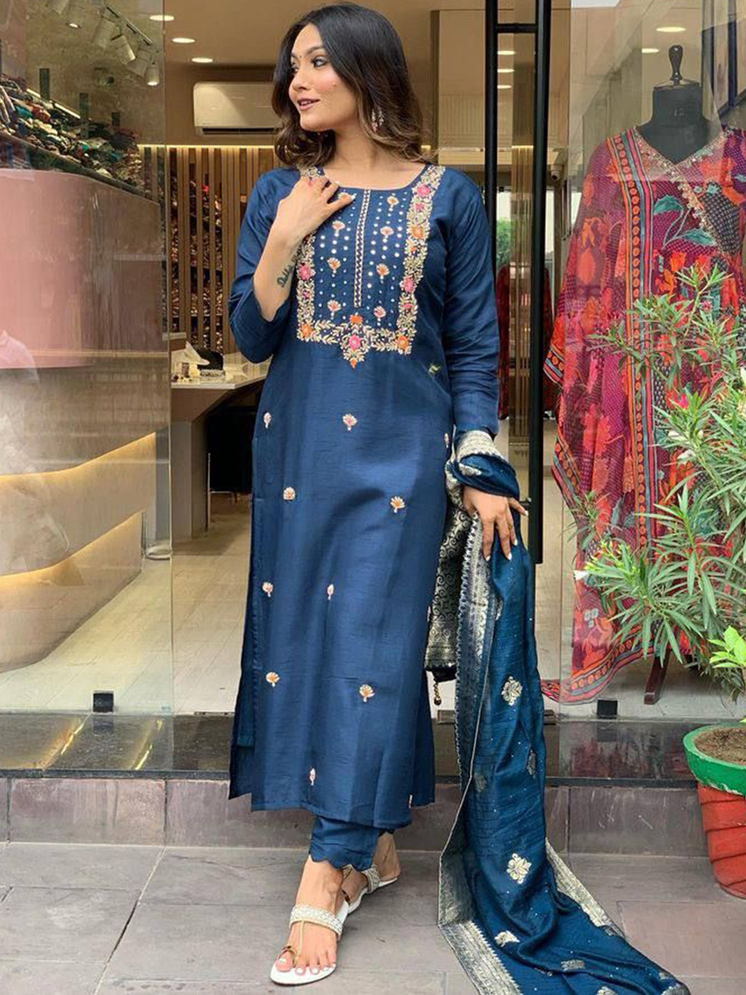 

KAUTIK FABRICS Floral Sequined Embroidered Round Neck Straight Kurta With Trouser &Dupatta, Blue