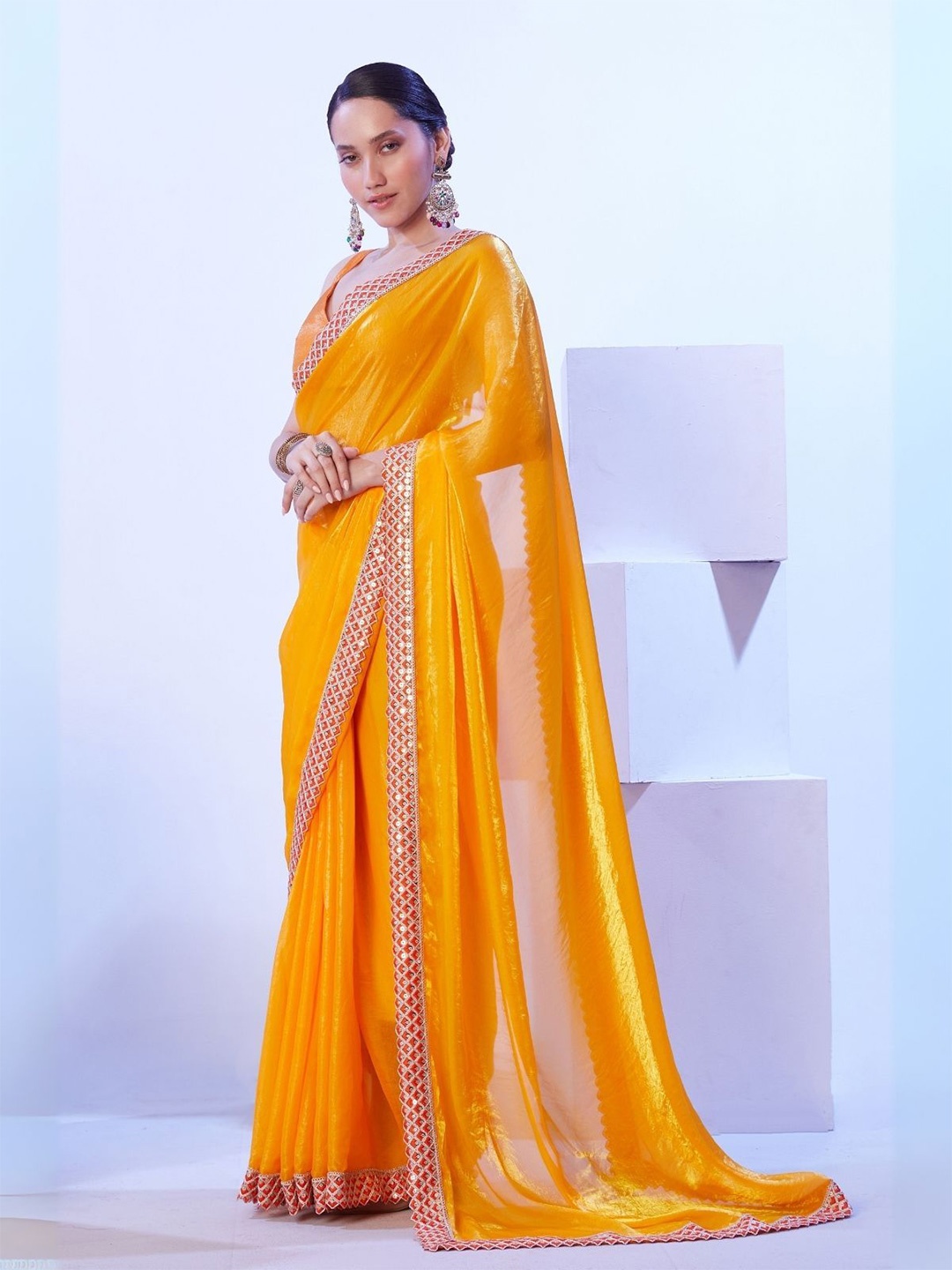 

ODETTE Yellow Satin Lace Work Saree With Unstitched Blouse