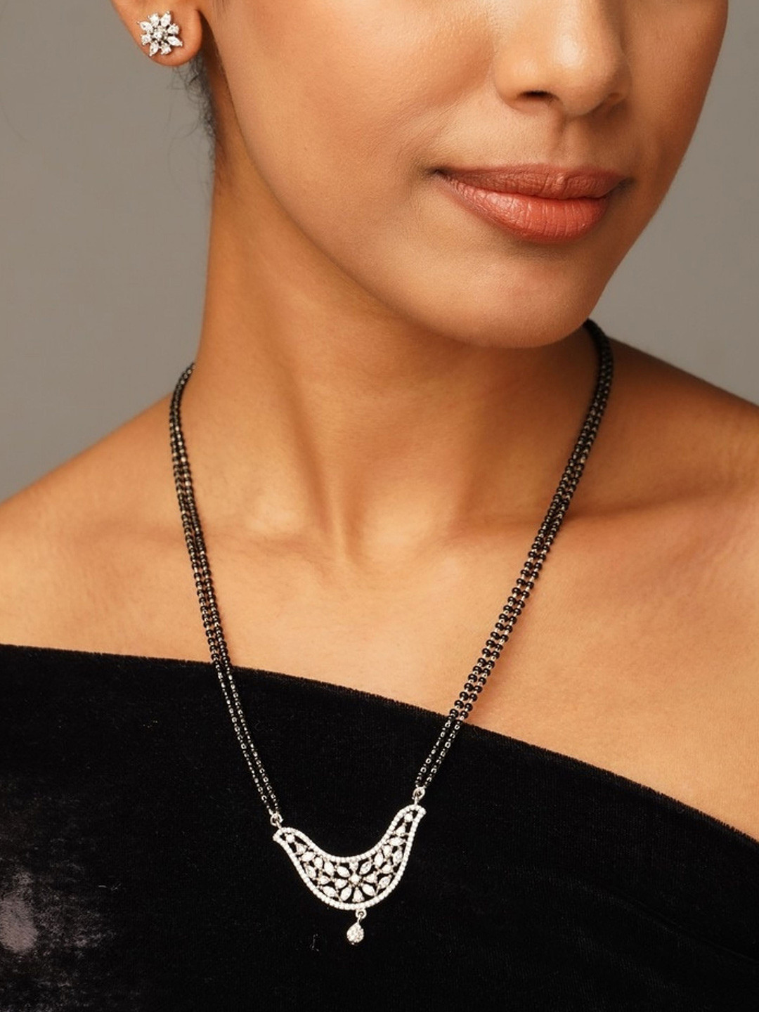 

ABDESIGNS Silver-Plated American Diamond Studded Mangalsutra