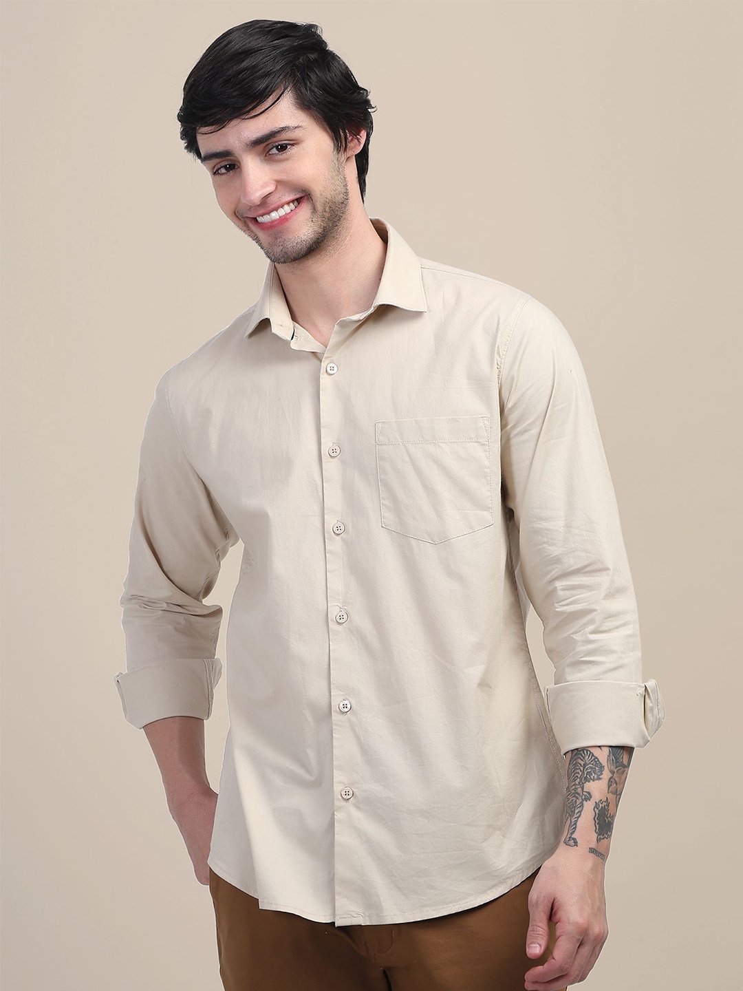 

AMSWAN Men Opaque Casual Shirt, Beige