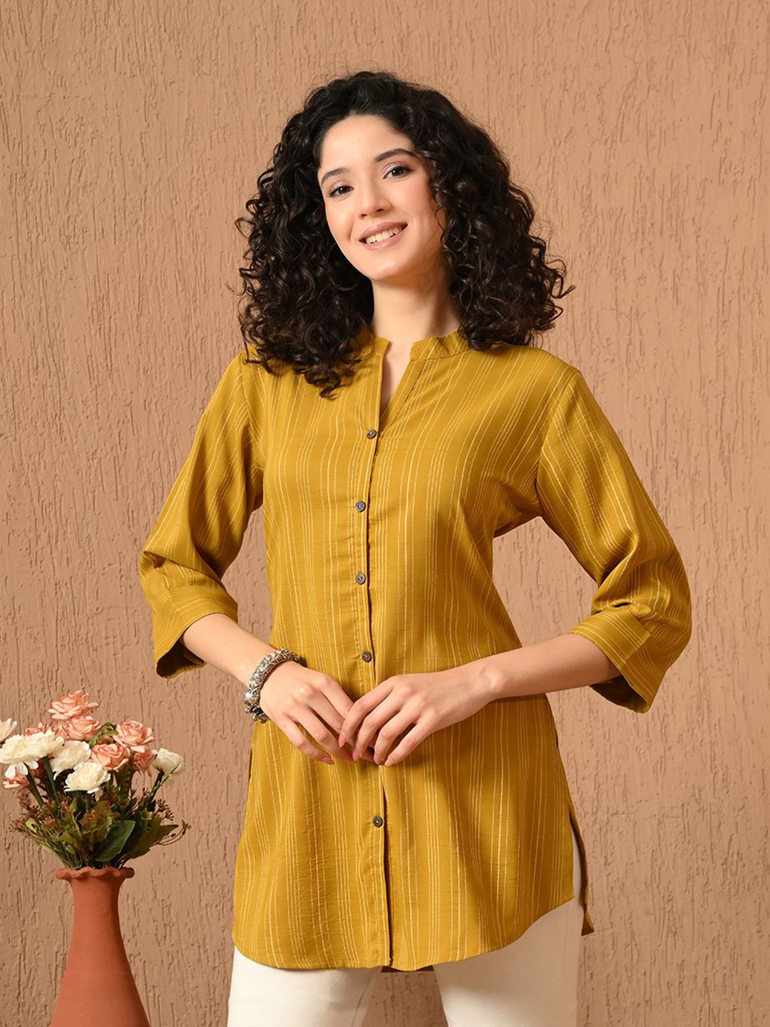 

MEESAN Mandarin Collar Striped Tunic, Mustard