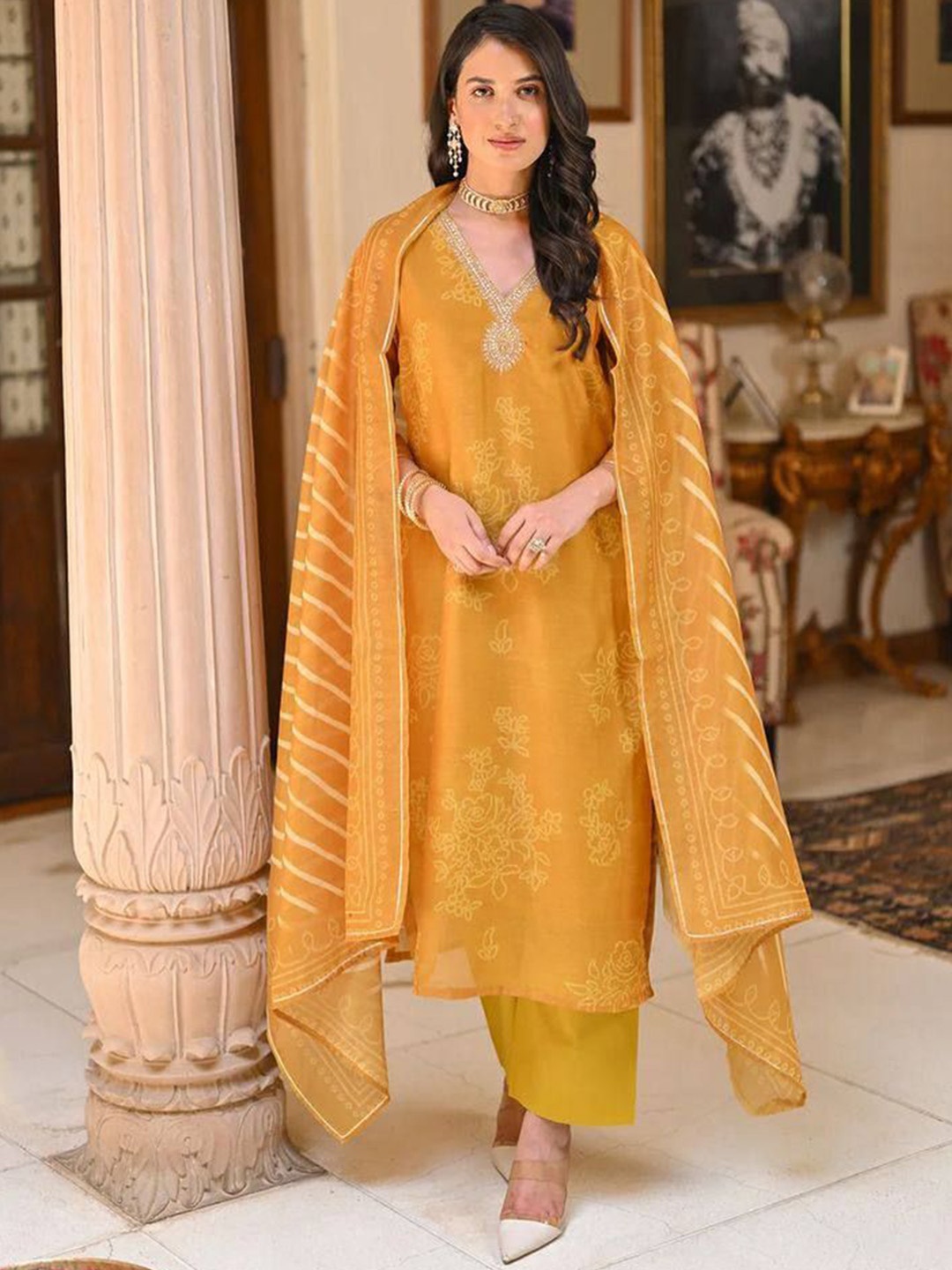 

KALINI Ethnic Motifs Printed Chanderi Silk Straight Kurta With Trousers And Dupatta, Mustard