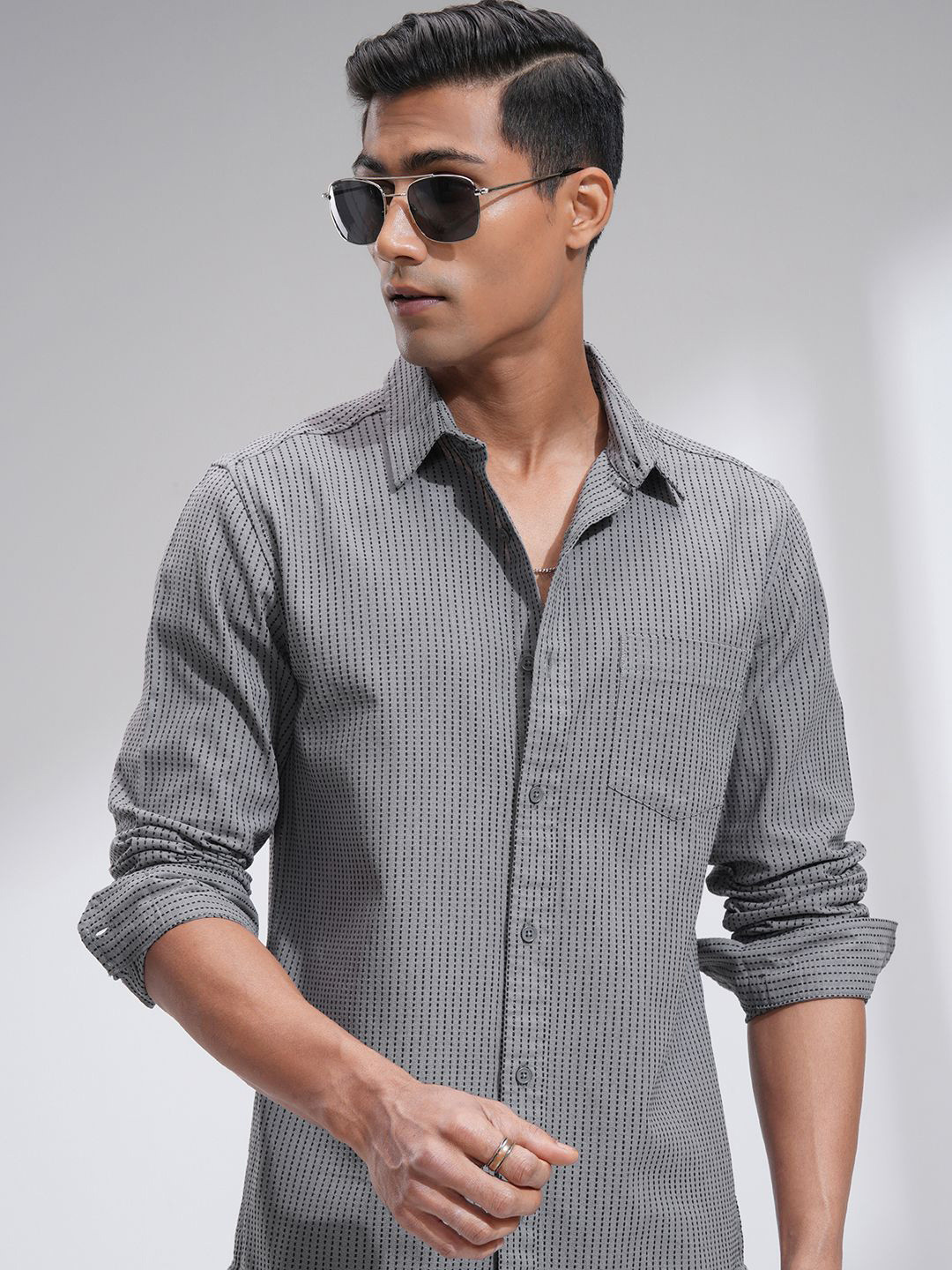 

HIGHLANDER Men Spread Collar Vertical Striped Cotton Casual Shirt, Grey