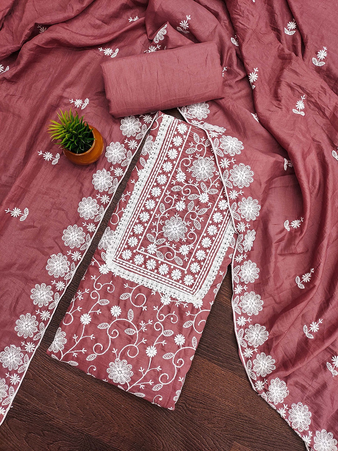 

MANVAA Floral Embroidered Unstitched Dress Material, Brown